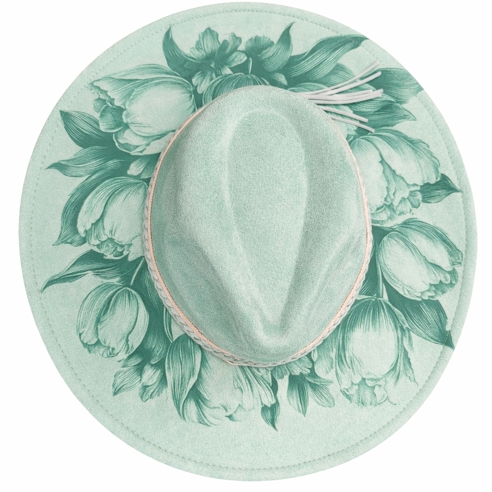 Handmade Teal Floral Boho Western Hat | Suede Tassel Band